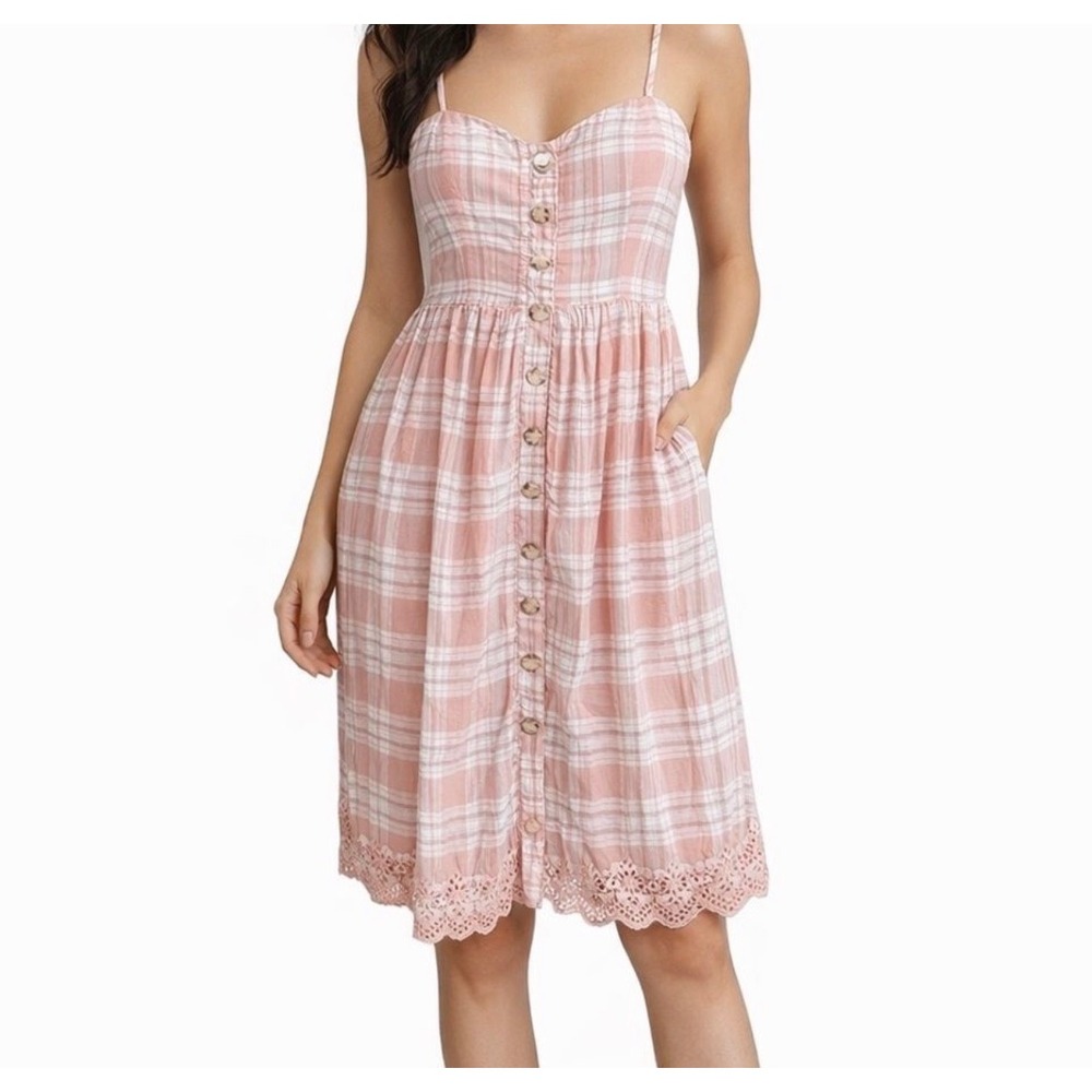 Harper‎ Heritage Button Front Gingham Eyelet Hem Midi Dress Size Medium